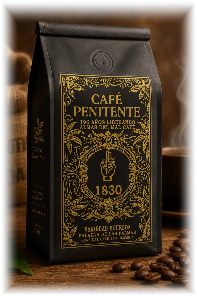 Bolsa de 500 g de Café Penitente, variedad Bourbon, sobre una mesa de madera junto a granos tostados y una taza humeante